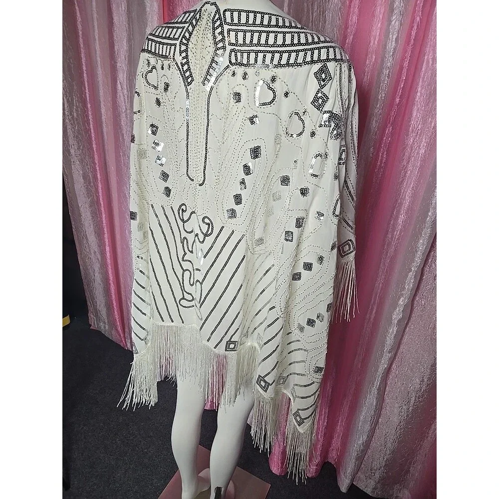 Anna Kaci Exquisite White Sequin Fringe Statement Shawl Wrap One Size
